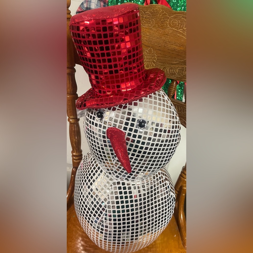 Festive Disco Snowman Decoration with Red Hat! NEW! Approximately Two Feet Tall!